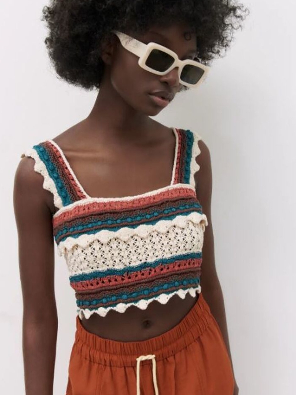 NWT ZARA Crochet Ruffle Tank Crop Top Cream Teal & Rust Women's Large Bohemian